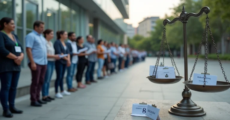 Fila de candidatos a concurso diante de balança da Justiça gigante