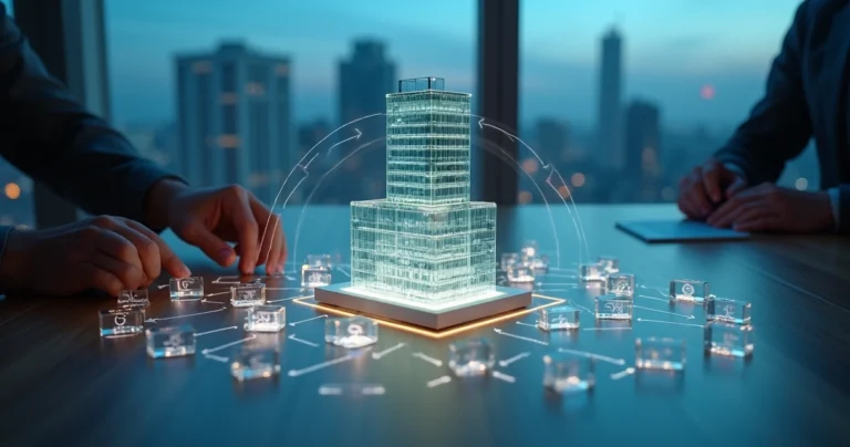 Diagrama de holding em camadas projetado sobre miniatura de prédio corporativo