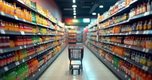 Gôndola de supermercado dividida entre margem saudável e margem comprimida por impostos