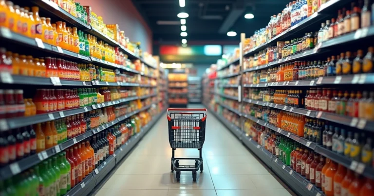 Gôndola de supermercado dividida entre margem saudável e margem comprimida por impostos