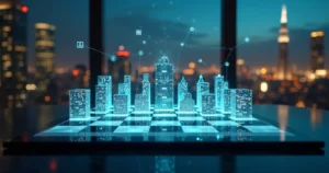 Tabuleiro de xadrez com edifícios de banco e peças digitais brilhantes