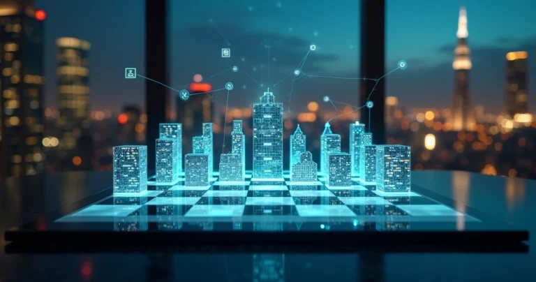 Tabuleiro de xadrez com edifícios de banco e peças digitais brilhantes