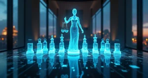 Estratégia jurídica representada por juíza digital diante de tabuleiro de xadrez com dados