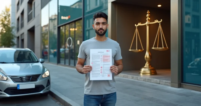 Cliente segurando contrato de financiamento ao lado de carro diante de prédio de banco e símbolo da justiça