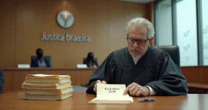 Juíza analisa processo de pequena cobrança judicial em mesa com poucos papéis