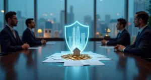Executivos observam holograma de empresa se dissolvendo em documentos jurídicos protegidos por escudo transparente