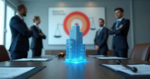 Pessoas ao redor de silhueta de empresa com alvos legais ao fundo