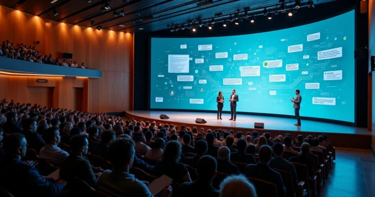 Auditório moderno com painel digital exibindo fluxos de mensagens jurídicas com IA
