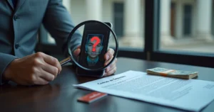 Rosto em tela de smartphone sob lupa diante de contrato bancário em dúvida