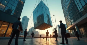 Credores observam edifício corporativo sustentado por cordas gastas