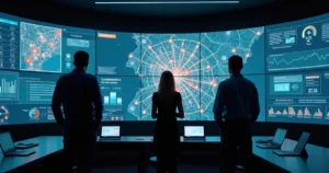 Policial observa painel digital com mapa de risco e botão de alerta em caso de violência de gênero
