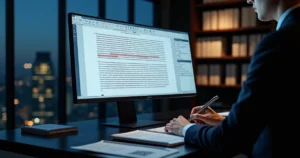 Advogada analisa petição digital destacando texto oculto marcado em vermelho