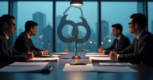 Executivos em mesa de reunião divididos por sombra de algema e balança da justiça