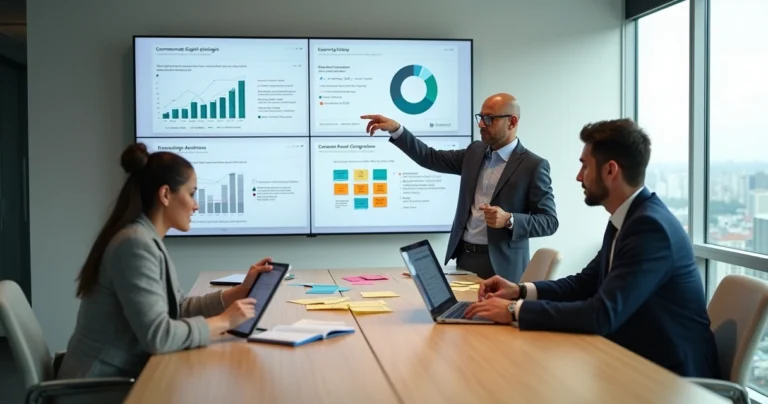 Equipe jurídica analisa painel com gráficos e fluxos de processos digitais