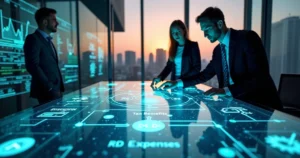 Profissionais analisam painel digital com dados fiscais e inovação tecnológica