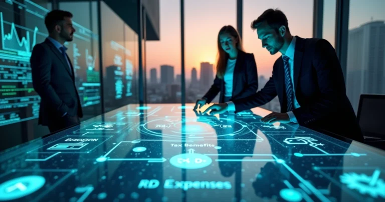 Profissionais analisam painel digital com dados fiscais e inovação tecnológica