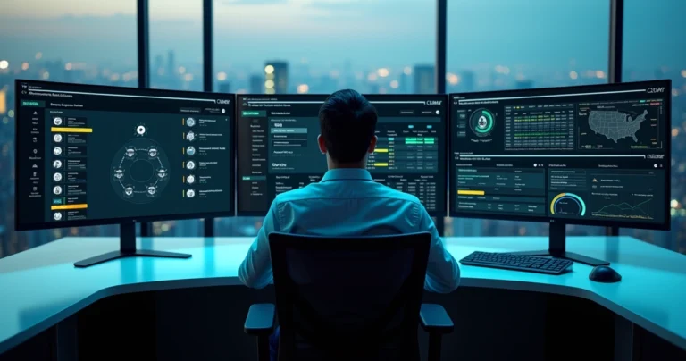 Profissional analisa painel digital com monitoramento de processos por CPF e CNPJ