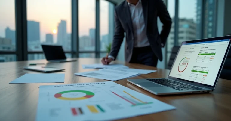 Gestor empresarial analisa proposta de transação tributária da Receita em ambiente corporativo moderno