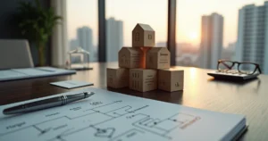 Mesa com torre de blocos representando imóveis e documentos fiscais ao lado
