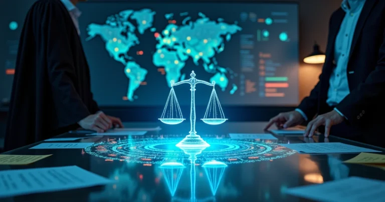 Juiz e cientista de dados analisam holograma com códigos e ícones de justiça