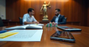 Mesa de audiência trabalhista com fichas de apostas contrastando com documentos legais