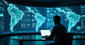 Jurista analisa painel digital com dados jurídicos conectados em ambiente futurista