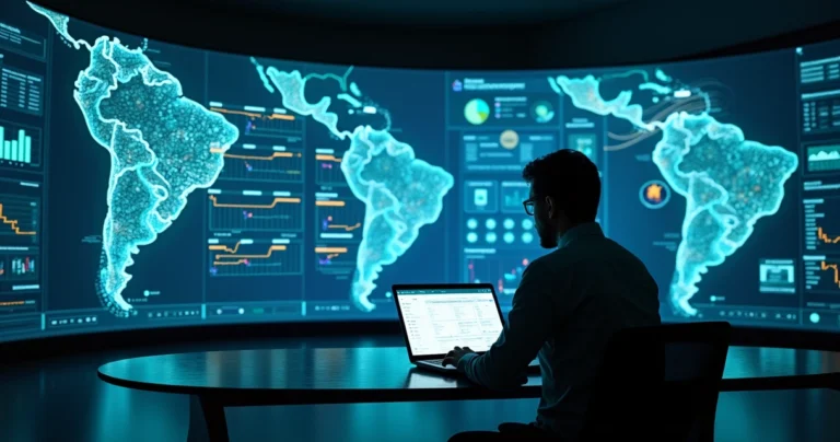 Jurista analisa painel digital com dados jurídicos conectados em ambiente futurista