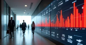 Painel digital mostra gráfico crescente de processos trabalhistas em um tribunal moderno